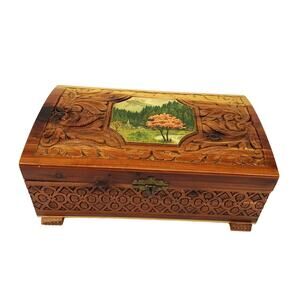 Vintage 50s 60s Wooden Jewelry Box Carved with Mirror Inside